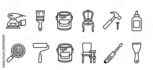 Set of black line icons for furniture restoration shows various tools like a sander, hammer, paintbrush, and chairs in a simple minimalist vector illustration style