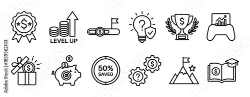 Collection of black line art icons representing gamification, finance, and achievement concepts like level up, savings, rewards, and goals for business or education