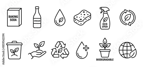 Set of eco-friendly cleaning and environmental icons featuring natural products like vinegar and baking soda, representing sustainable living with minimalist black line art symbols
