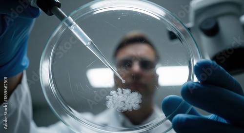 Laboratory Technician Performing Experiment with Pipette in Petri Dish Close-Up