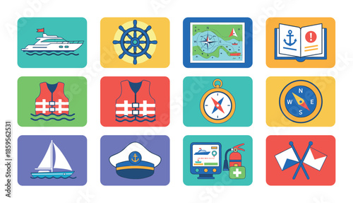 Set of twelve colorful flat nautical icons featuring a yacht, helm, compass, map, life vest, captain's hat, and safety equipment for boating