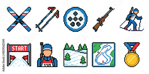 Set of pixel art biathlon icons for a winter sport competition, including a skier, rifle, target, skis, medal, and course map in a retro 8-bit style