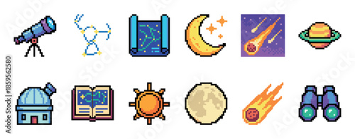 Set of colorful pixel art icons for astronomy and space exploration featuring a telescope, planet, moon, sun, and constellation in a retro 8-bit video game style