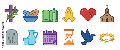 Set of religious Christian icons in a colorful pixel art style showing a cross, bible, church, dove, and crown of thorns for faith and worship concepts