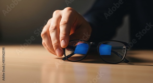 Hand Adjusting Glasses on Wooden Surface in Soft Light with Blue Reflection Effect