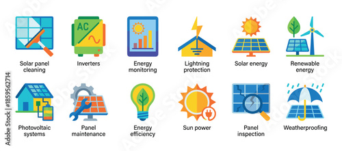 Set of twelve colorful flat design icons for solar and renewable energy services like panel cleaning, maintenance, inspection, monitoring, and photovoltaic systems