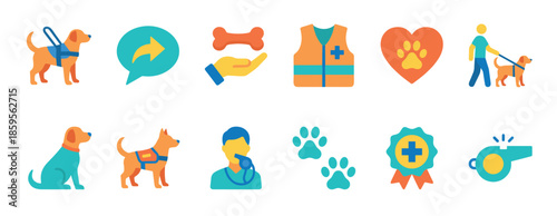 Collection of colorful flat design icons representing service dog training, animal assistance, and pet care concepts like a handler, vest, leash, whistle, and paw prints