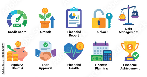 Collection of colorful flat financial icons illustrating concepts like credit score, growth, debt management, savings, and loan approval for business presentations