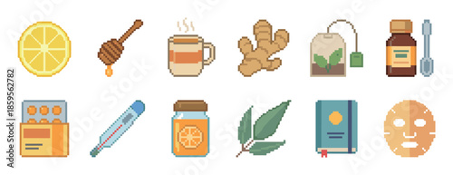 Charming pixel art icon set of wellness and cold remedy items like tea, lemon, ginger, honey, medicine, and a thermometer for self-care concepts
