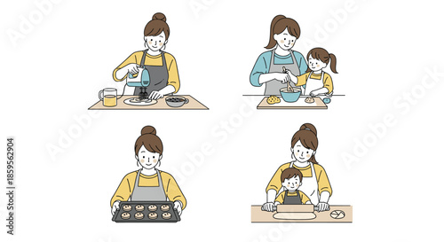 Four illustrations show women and children engaged in different stages of baking cookies together like mixing dough and holding a tray.