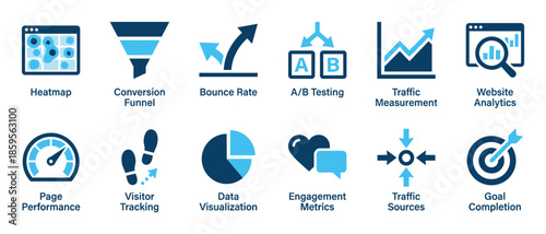 Set of blue website analytics icons showing key digital marketing metrics like conversion funnel, traffic measurement, and A/B testing for performance and engagement analysis