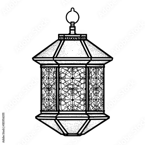 Detailed line drawing of an ornate lantern with intricate geometric designs and a hanging loop feature on top