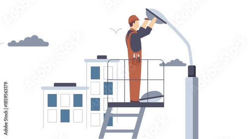 municipality technician maintain streetlights on boom trucks animation, Lineworkers Fixing animated video, Electrician Profession Clip Low High Voltage Power Supply footage Handyman Repairman motion