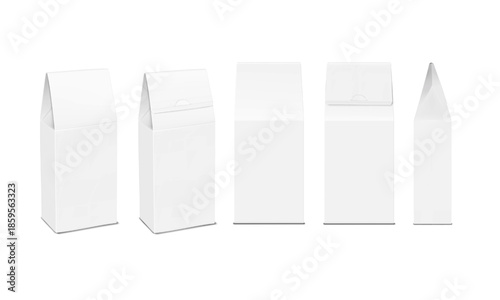 White blank paperboard gable top folding box with tuck-in flap. Front, back, side view. Realistic 3d vector mock-up. Cardboard paper gift bag. Mockup. Carton container package. Template for design
