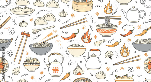 Detailed seamless pattern shows various Asian food items like noodles dumplings tea and spices for a restaurant or culinary theme.