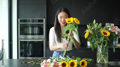 Young Woman Arranging Fresh Sunflowers and Lilies in a Modern Kitchen.