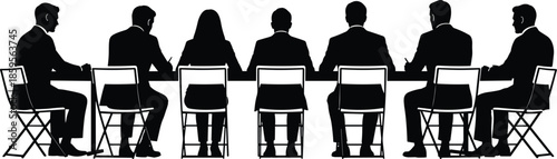 Business team meeting silhouette illustration, corporate professionals sitting conference discussion teamwork boardroom black vector concept