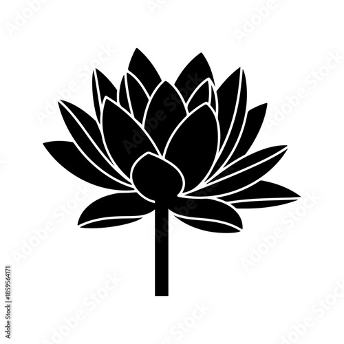 Stylized Black Silhouette of a Blooming Water Lily Flower on White Background