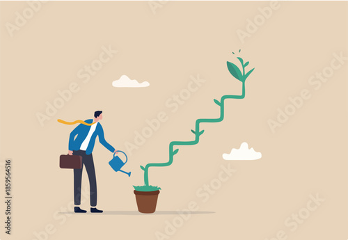 Growth step or career path, job improvement stair or growing investment or stair to success, mentorship concept, businessman watering seedling plant growing up as stair to climb to reach success.