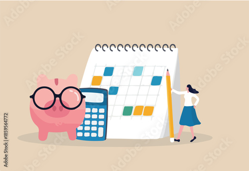 Monthly cost or budget, expense to pay bill, mortgage or debt, plan for savings or investment, money management or credit card payment, smart woman plan her monthly budget with calendar and piggybank