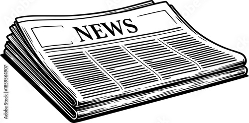 Folded Newspaper with Text NEWS in a Woodcut Style Black and Whi
