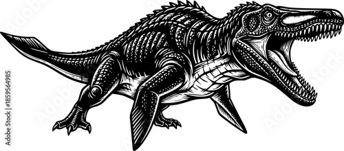 Detailed woodcut illustration of a ferocious Mosasaurus in black
