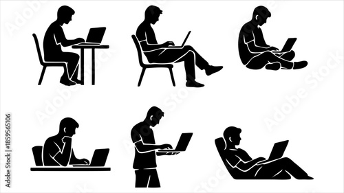 Silhouette of People Using Laptop in Various Sitting Positions