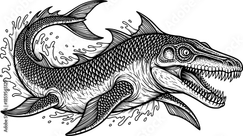 Detailed woodcut illustration of a ferocious Mosasaurus in black
