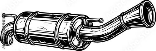 Detailed Woodcut Illustration of a Car Exhaust Pipe in Black and
