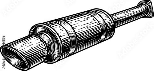 Detailed Woodcut Illustration of a Car Exhaust Pipe in Black and
