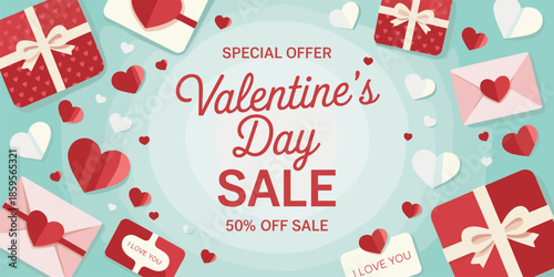 Valentine's Day Sale with Gifts and Hearts on Light Blue Background