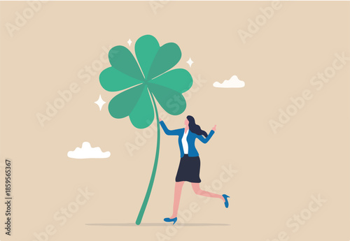 Luck for success, blessing for work opportunity, fortune or chance, good luck or happiness concept, lucky businesswoman with crossed finger gesture holding lucky clover leaf