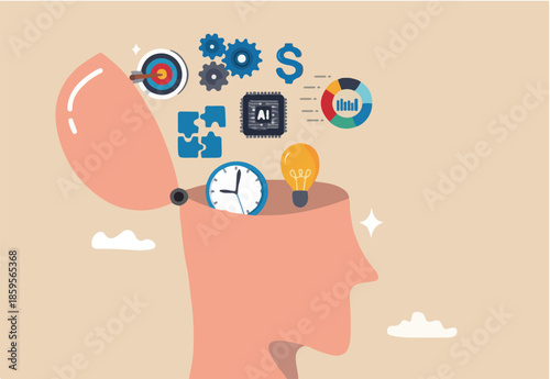 Learn new skills, knowledge or ability to work achieve success, new idea, training or study new skills, upskill or smart thinking, human head brain with skills symbol, creativity, time management