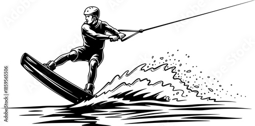 Black and white illustration of a man wakeboarding on the water
