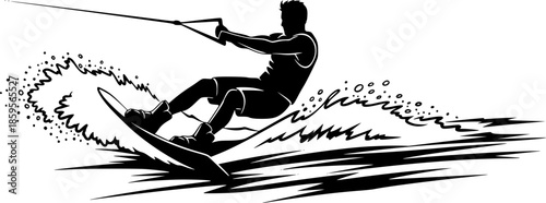 Black and white illustration of a man wakeboarding on the water
