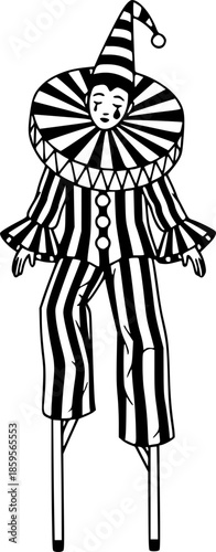 Black and white illustration of a pierrot character on stilts ho
