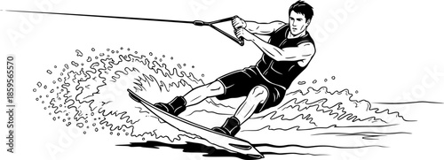 Black and white illustration of a man wakeboarding on the water
