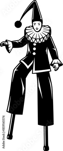 Black and white illustration of a pierrot character on stilts ho
