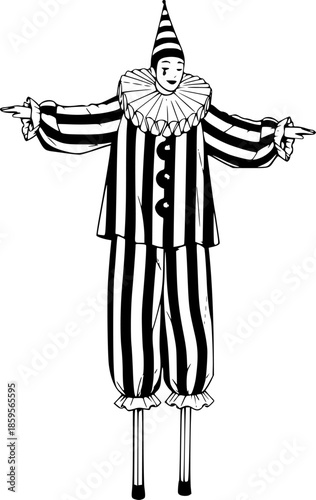 Black and white illustration of a pierrot character on stilts ho
