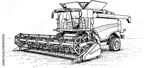 Black and White Sketch of a Combine Harvester on a Grassy Field
