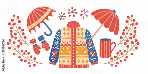 A colorful collection of winter accessories and clothing including umbrellas and sweaters