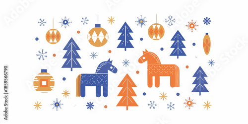 Festive winter scene with stylized christmas trees horses and ornaments