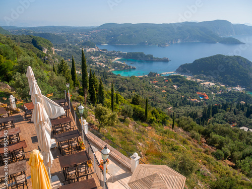 Bild auf Leinwand Panoramic view Bella Vista Viewpoint of the resort town of Paleokastritsa, Corfu
