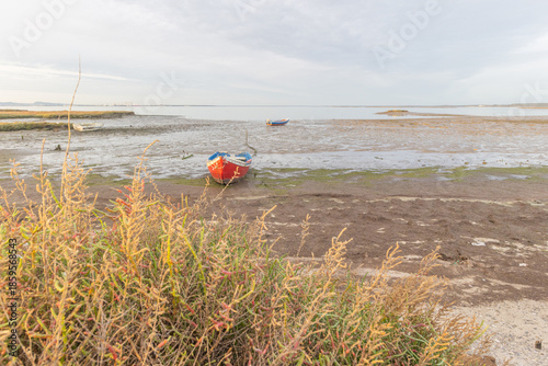 Фотография Fisherman boat resting on low tide mudflats in carrasqueira