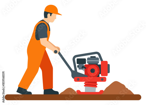 Construction Worker Operating Plate Compactor on Site.
