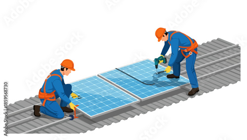 Professional solar panel installers in safety gear installing photovoltaic panels on a corrugated metal roof, isometric illustration