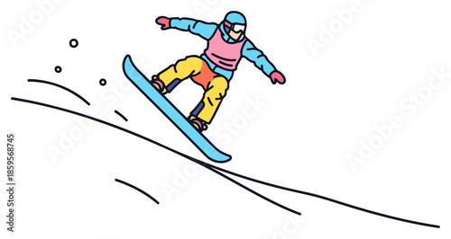 Snowboarder in Action on Slope.