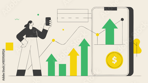 Woman analyzing financial data on mobile phone with upward trend graph and dollar sign