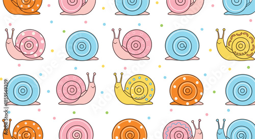Cute colorful snail seamless pattern with polka dot shells, playful kawaii cartoon animal background vector illustration
