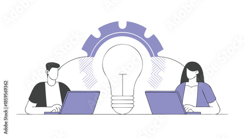 Two coworkers collaborating on a project with laptops and a lightbulb idea